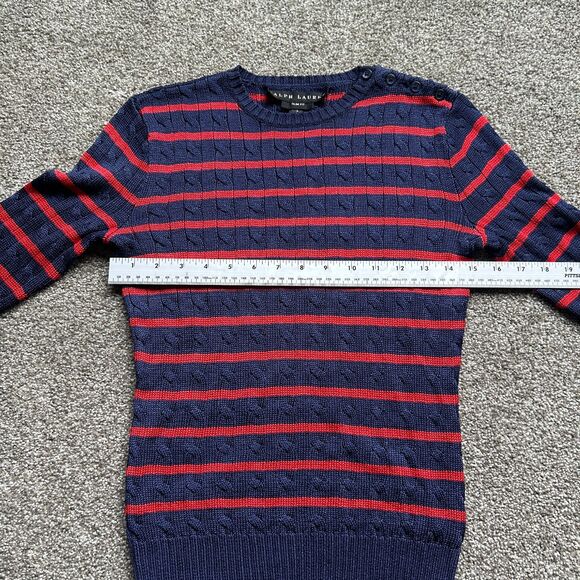 RALPH LAUREN BLACK LABEL STRIPED SILK CABLE KNIT SLIM FIT SWEATER RED NAVY SMALL - Picture 6 of 7